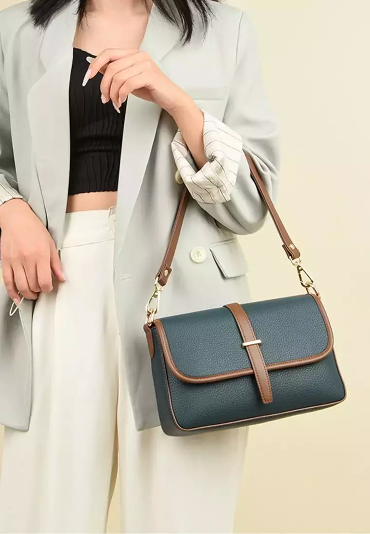 Color Matching Faux Leather Three Way Shoulder Bag