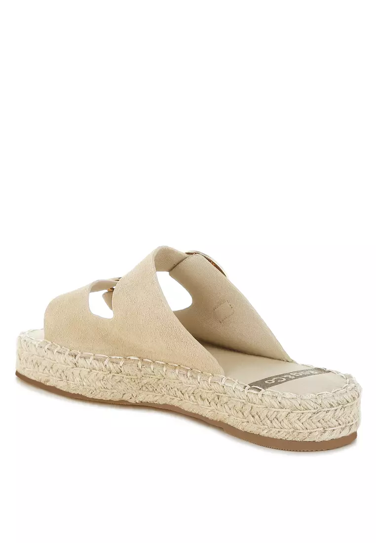 米色真皮軟皮帆布平底涼鞋