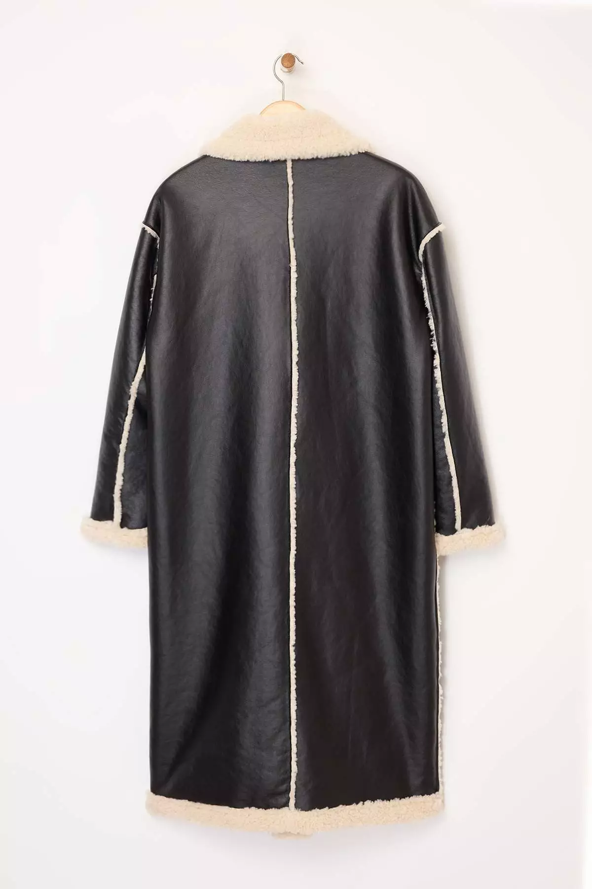 Black Double-Sided Plush Mono Closure Oversize Long Faux Leather Coat