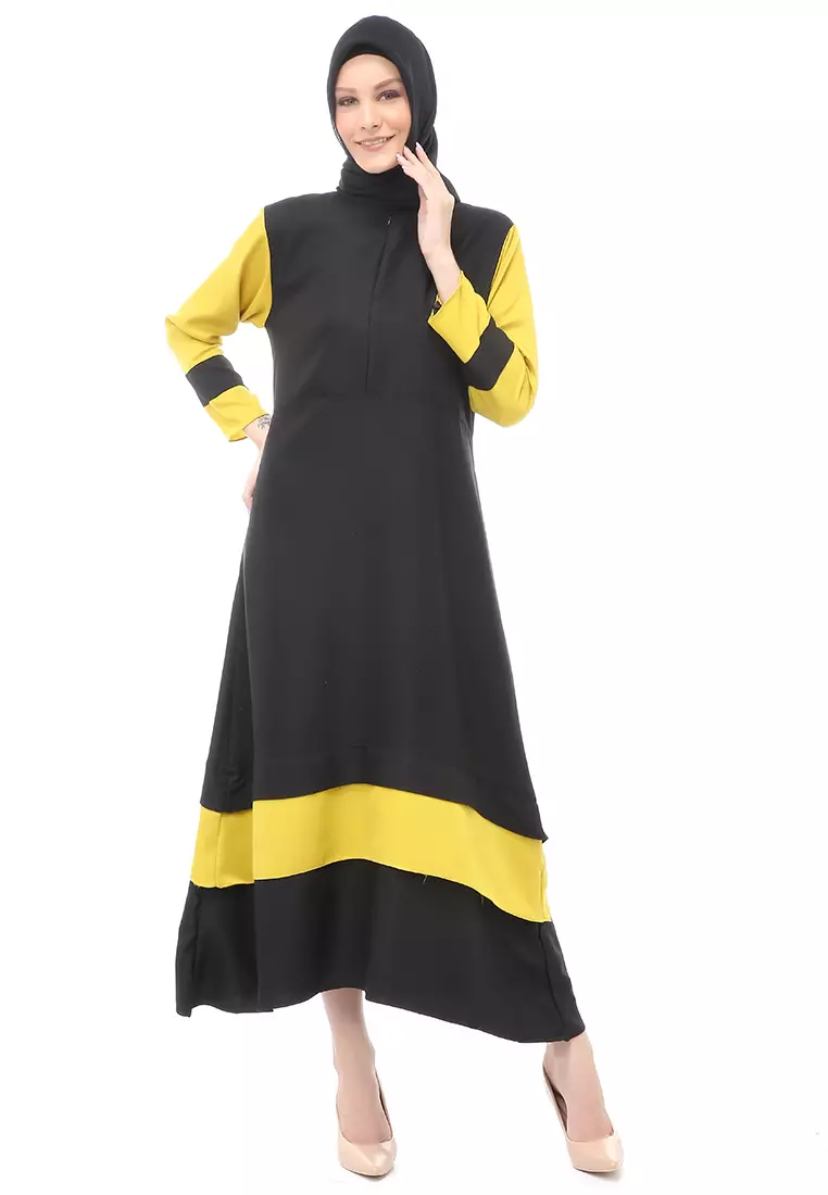 Aurel Dress Maxi Muslimah Wanita Polos Dual Tone Color Regular Fit - Black Lemon