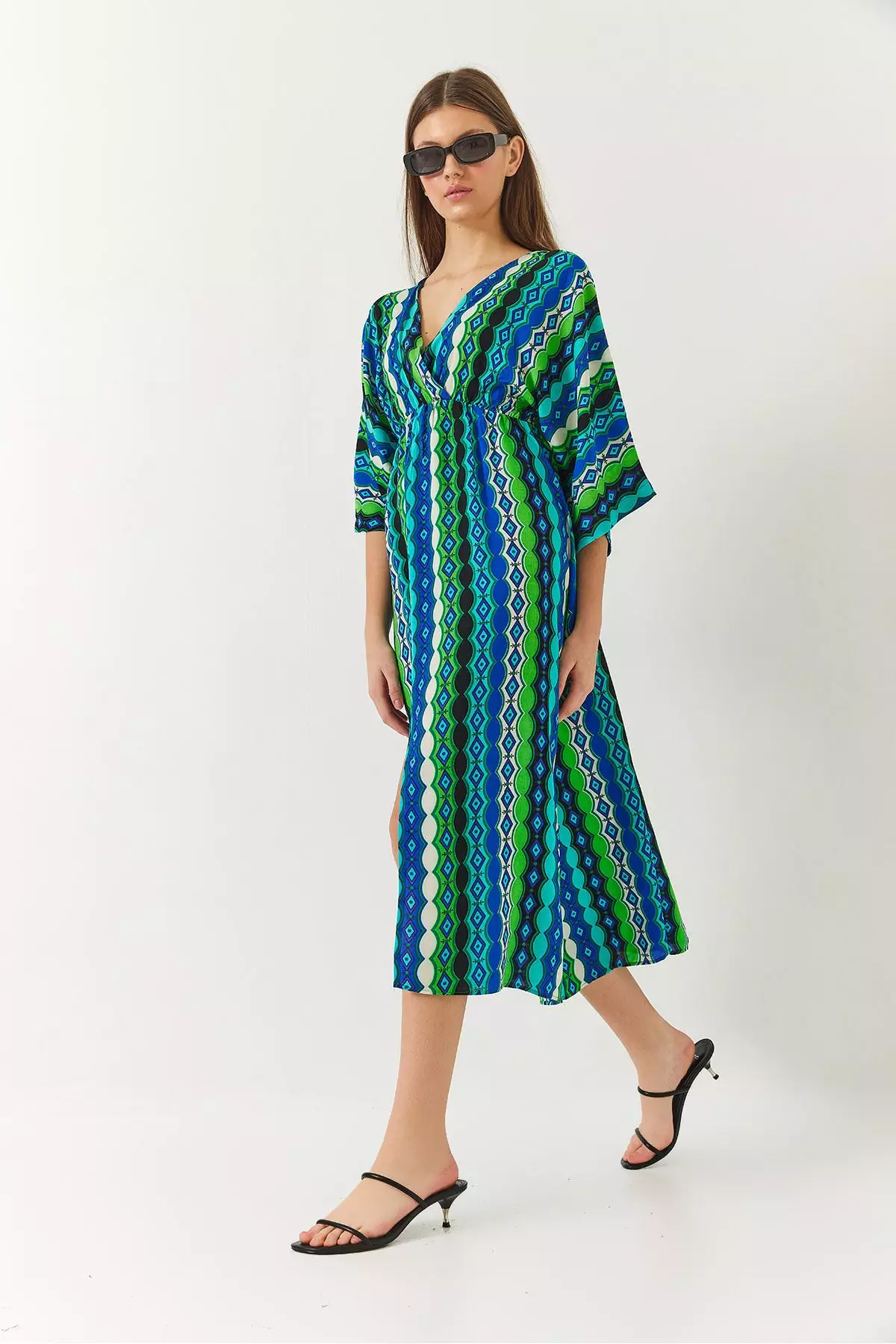 Women's Double Breasted V Neck Front Slit Detail Print Dress 60261411