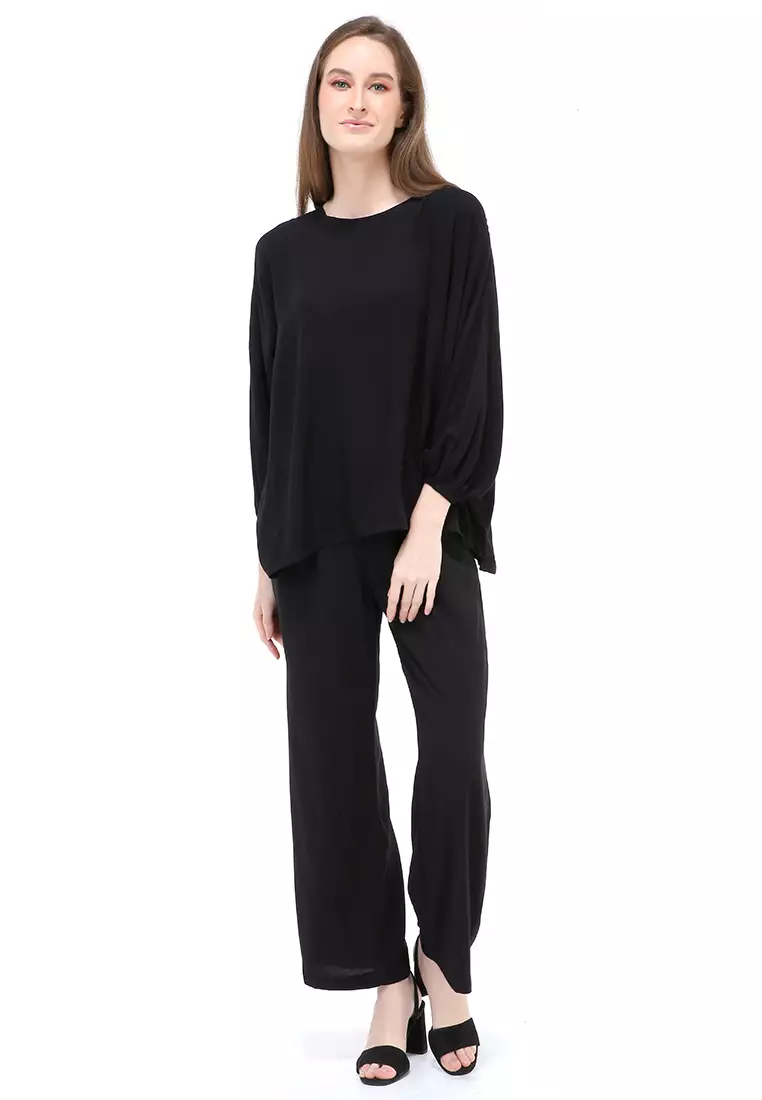 Jennifer Blouse Long Sleeves Wanita Motif Polos Atasan Casual - Black