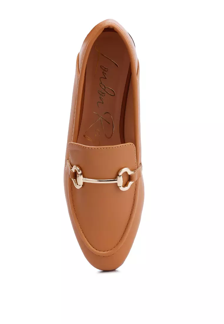 Horsebit Embellished Faux Leather Loafers in Tan
