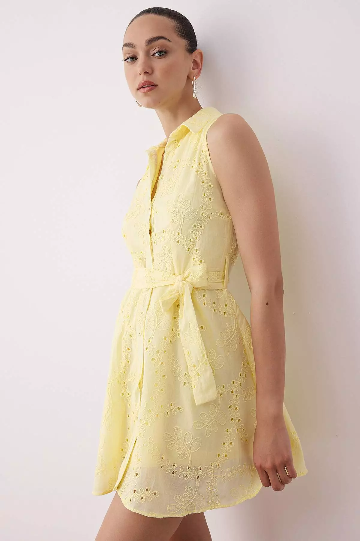 Light Yellow Tie Detailed Plain Short / Mini Woven Dress