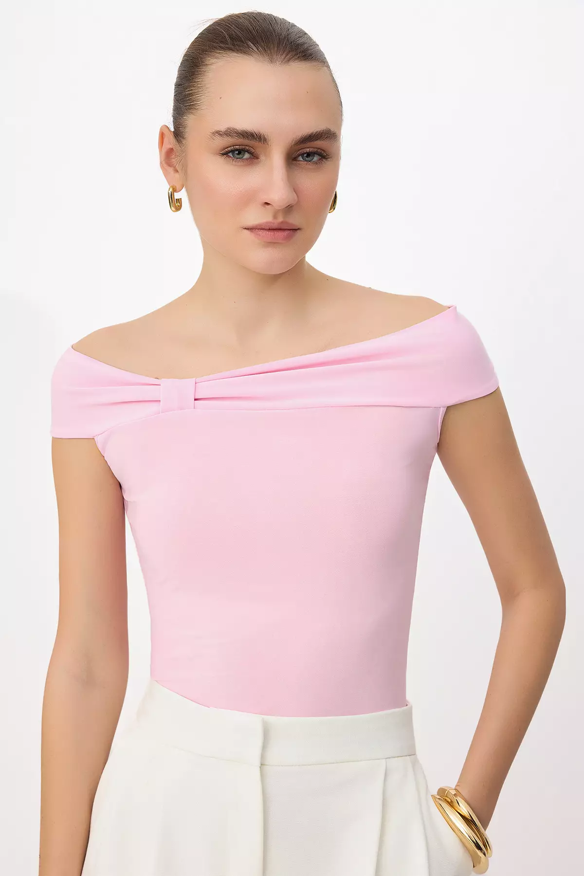 トップス Charmy collar top (Baby Pink) Trendyol Pink Carmen Collar Bodycon Stretchy Crop Knitted Madonna