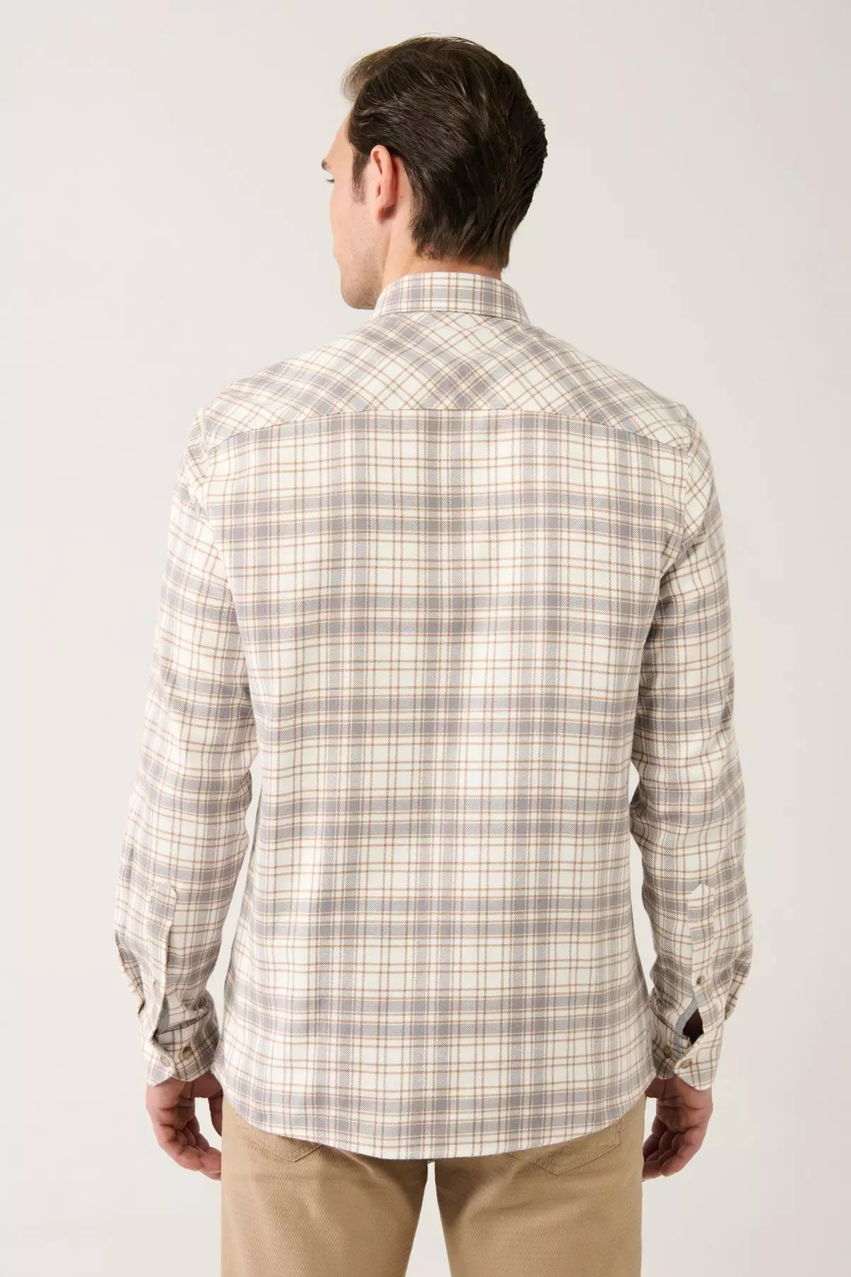 Men's Beige Button-Down Collar 100% Cotton Plaid Shirt A32Y2150