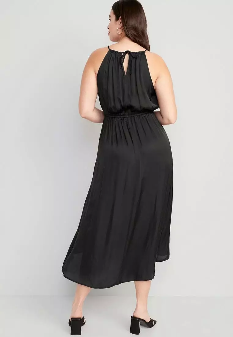 Waist-Defined Halter Satin Maxi Dress for Women