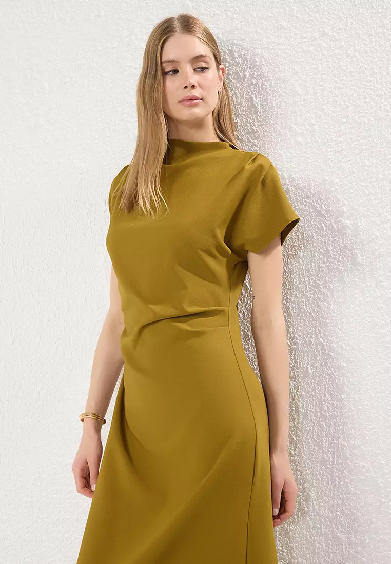 Oil Green A-Line Cowl Neck Midi Crepe Woven Dress TWOAW25EL00393