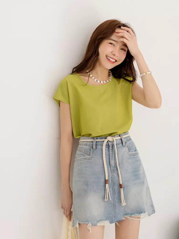純棉刷破牛仔腰綁帶A字短裙《CA2923》