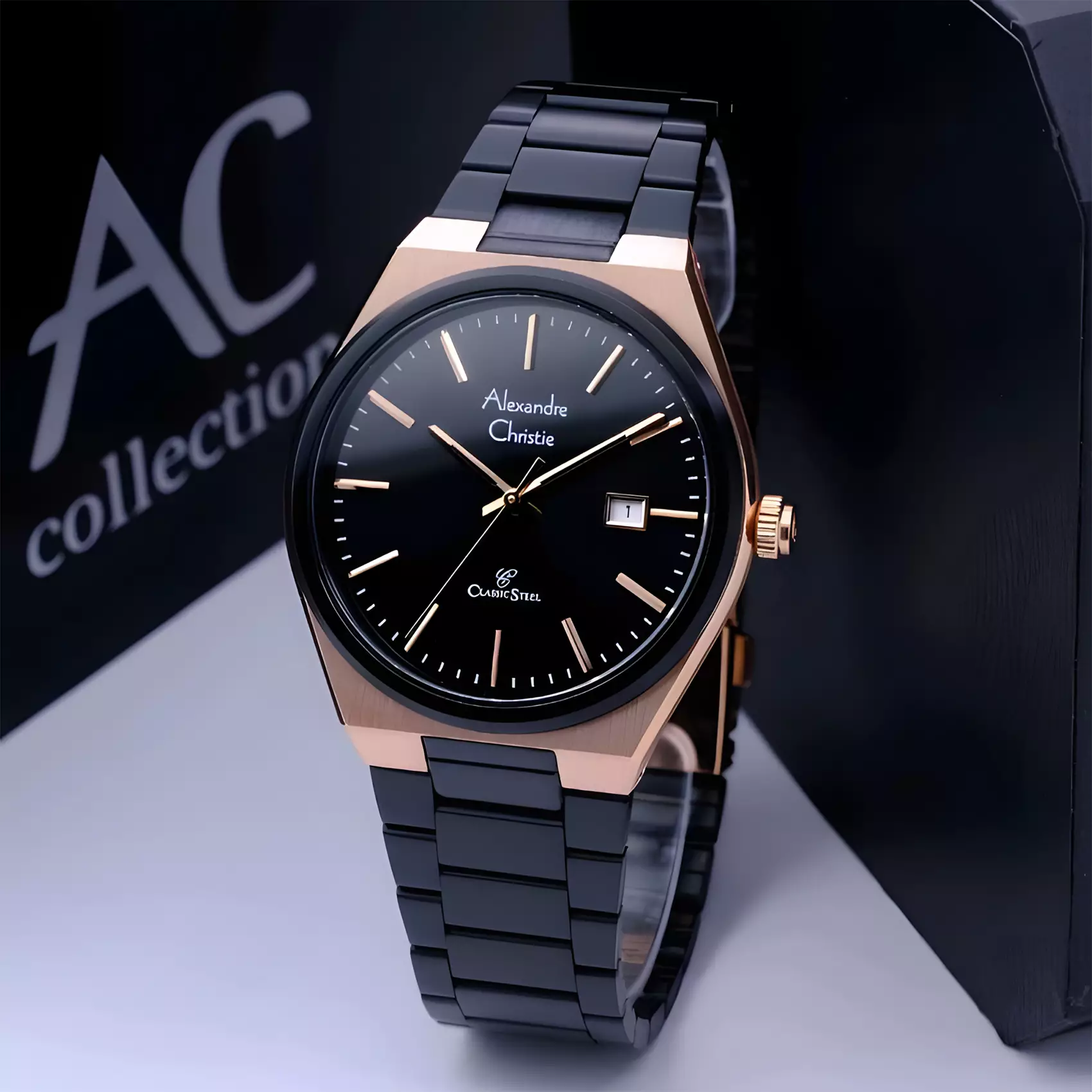 Alexandre Christie Classic Steel - Jam Tangan Analog Pria - Black Rose Gold - All Stainless Steel - 8713 MDFBRBA