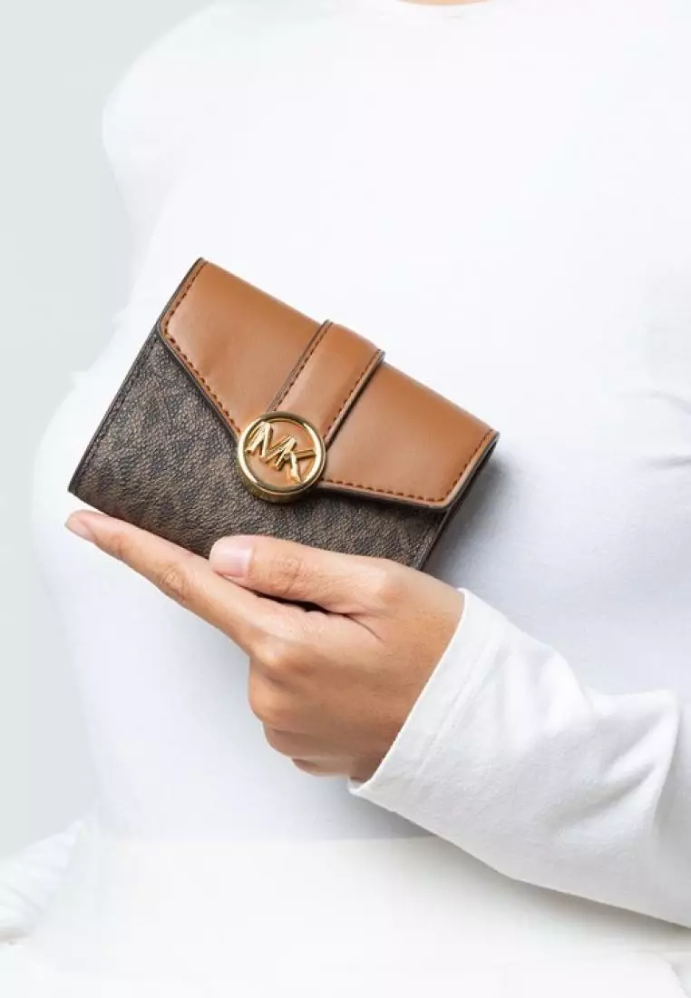 Michael Kors Carmen Medium Flap Bifold Wallet in Signature Brown
