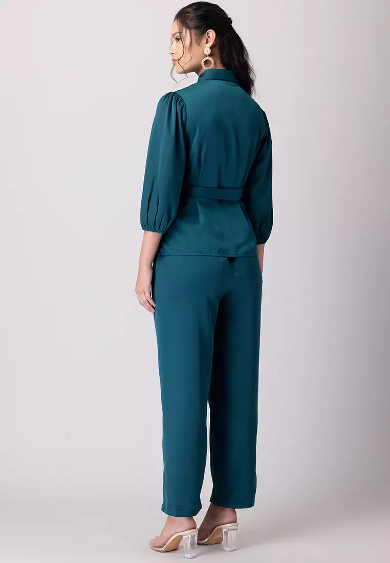 Teal Blue Collared Shirt With Pants And Belt Co-ord Set