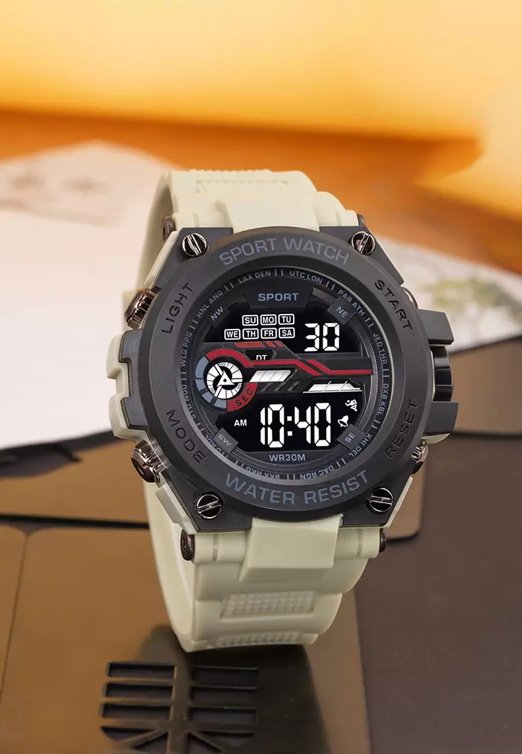 Jam Tangan Pria Analog&Digital Original Tali Silikon Anti Air Jam Tangan Cowok khakiblack