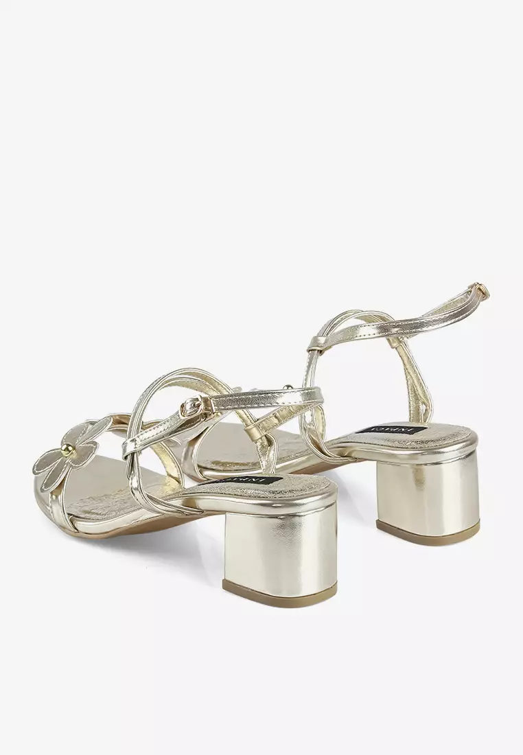 Daisy Block Heels Bunga Metalik Metallic Leather Hak Kotak High Heels Pesta