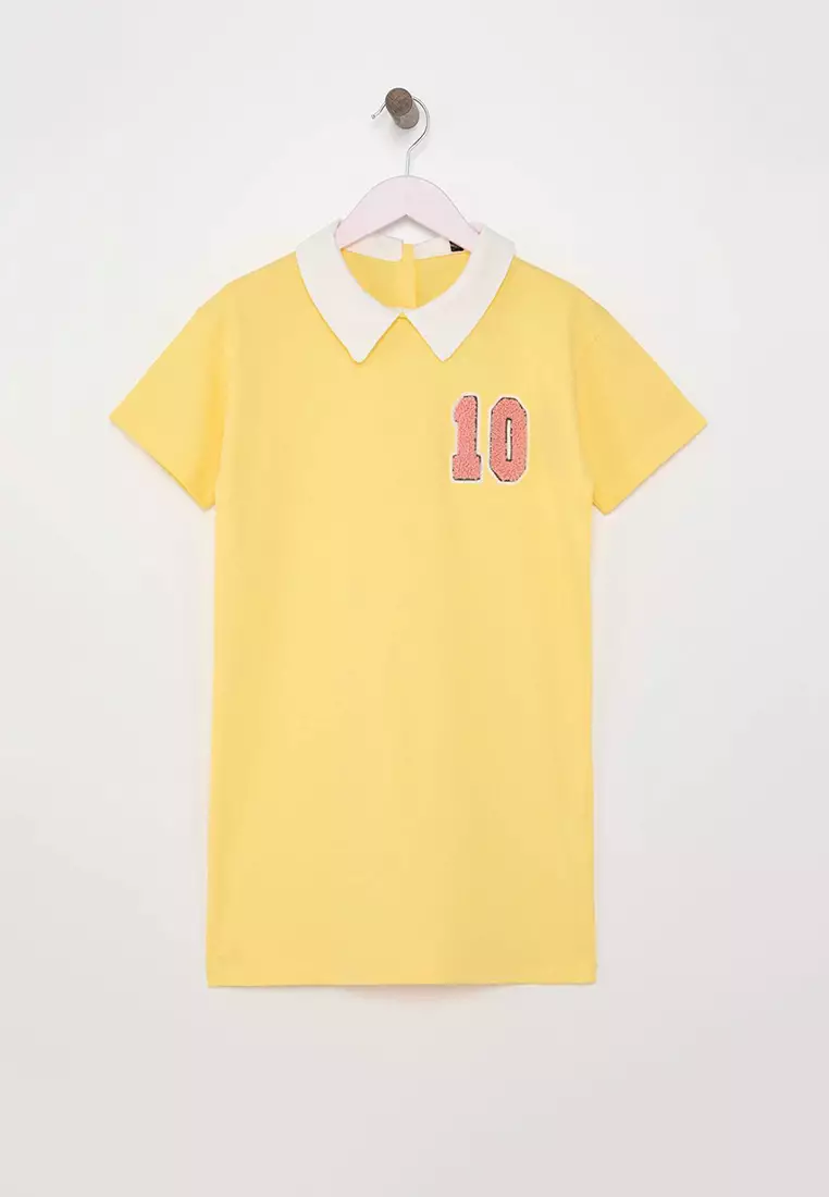 Yellow Girls 100% Cotton Embroidered Shirt Collar Short Sleeve Short Knitted Dress Tkdss25El00090