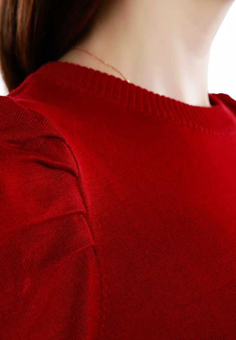 酒紅色泡泡袖毛衣