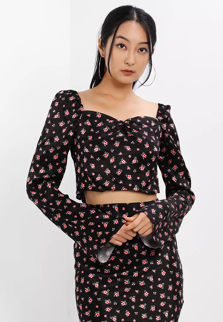 TOPSHOP Satin Floral Long Sleeve Top ZALORA