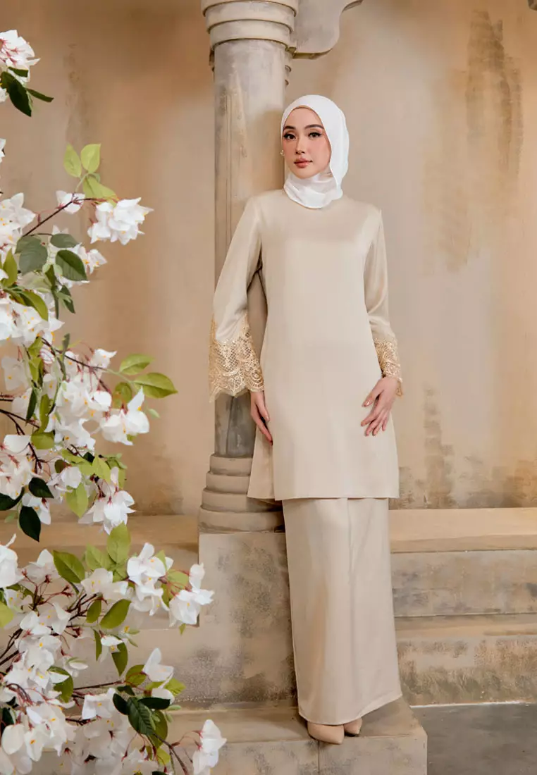 Sutera Champagne Satin Baju Kurung Modern with 3D Beading Lace Sleeves
