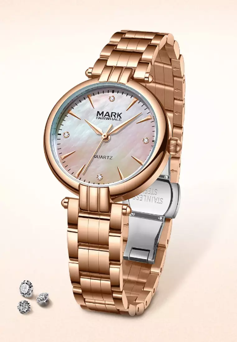 Ladies IP Rose Gold Color Stainless Steel Quartz Watch, 30mm, Mother of Pearl Dial, Metal Bracelet