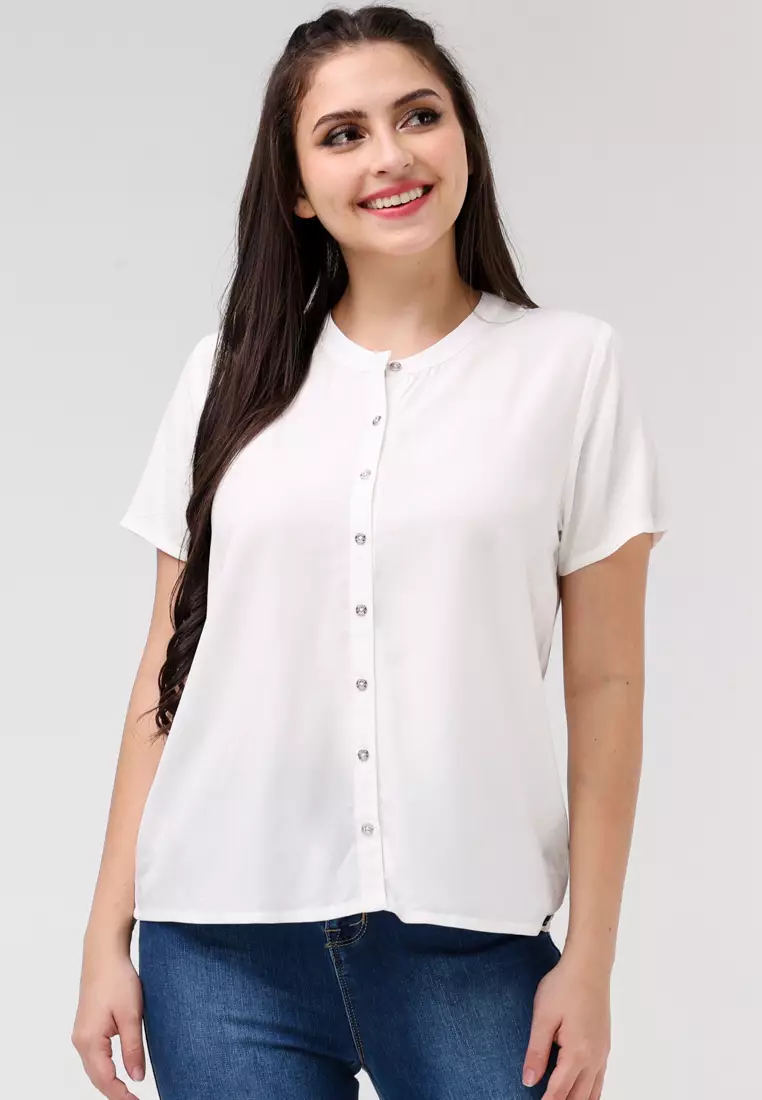 Woven Plain Rayon Short Sleeves Blouse