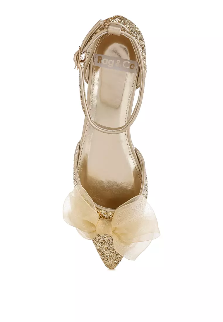 Sheer Bow Detail Glitter Flat Sandals in Gold