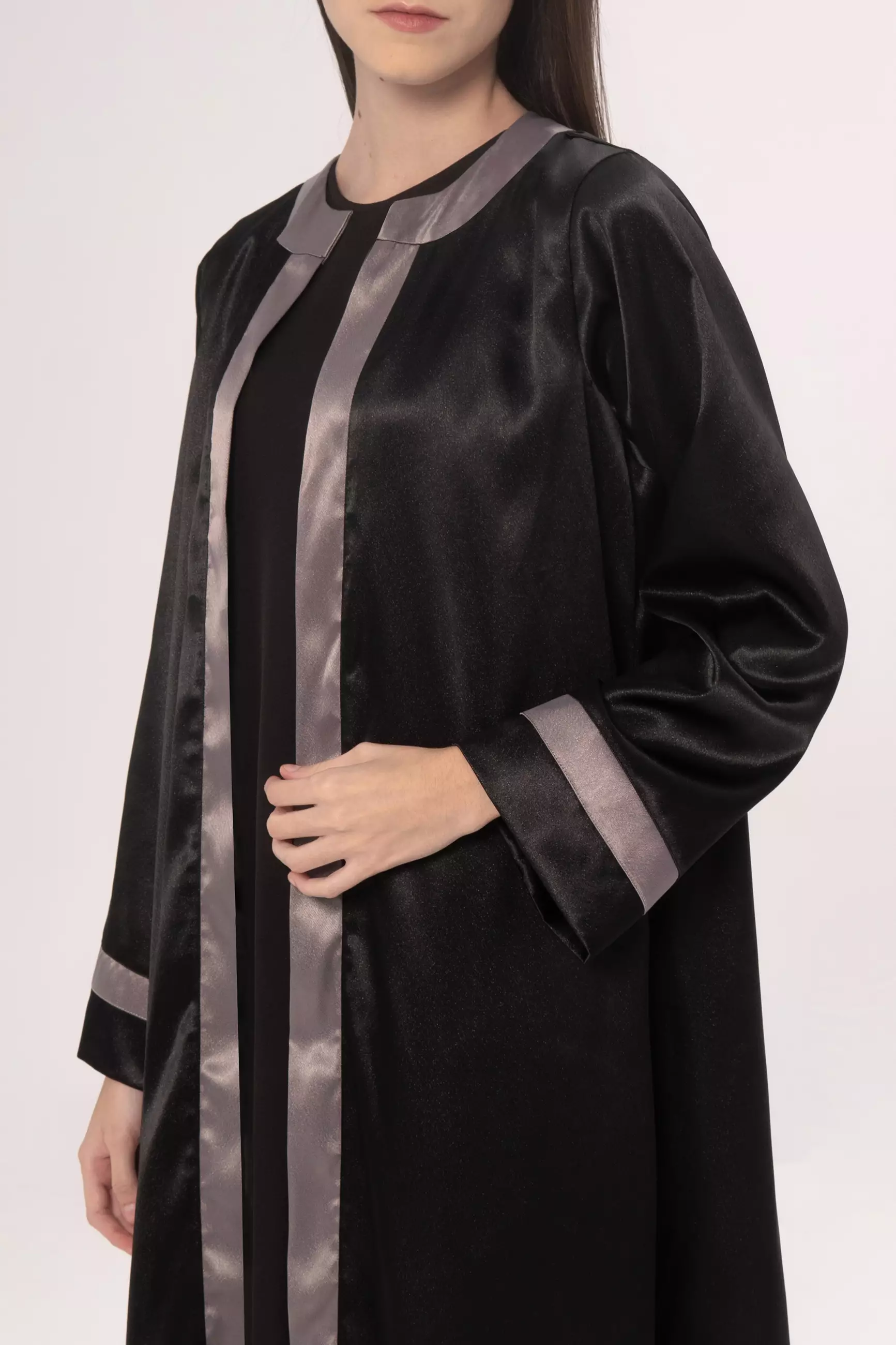 DEMURE&CO - DESSENTIALS RABIA OPEN ABAYA IN BLACK - PREMIUM SATIN SILK - DAILY WEAR ABAYA
