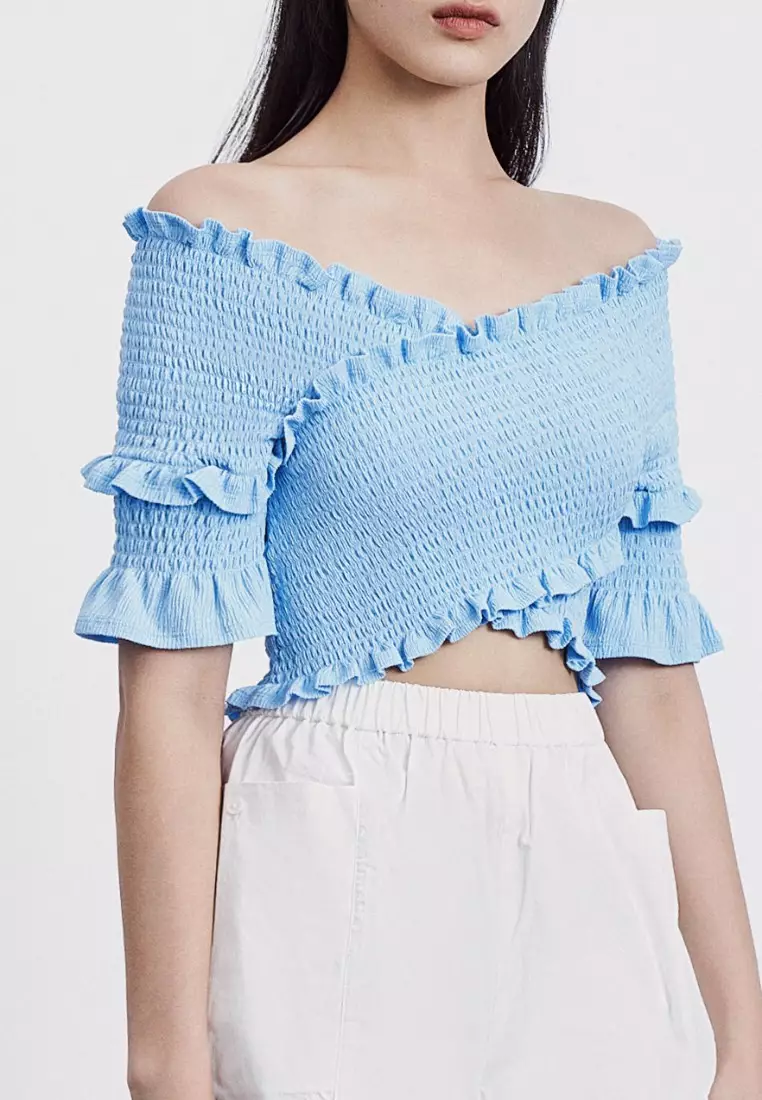 Off shoulder frill trim bow hotsell front shirred milkmaid top