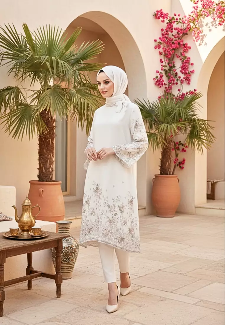 Floral Tunik For Raya With Tape Detail In Soft Pink And Broken White By Brilliant Girl Warna PUTIH