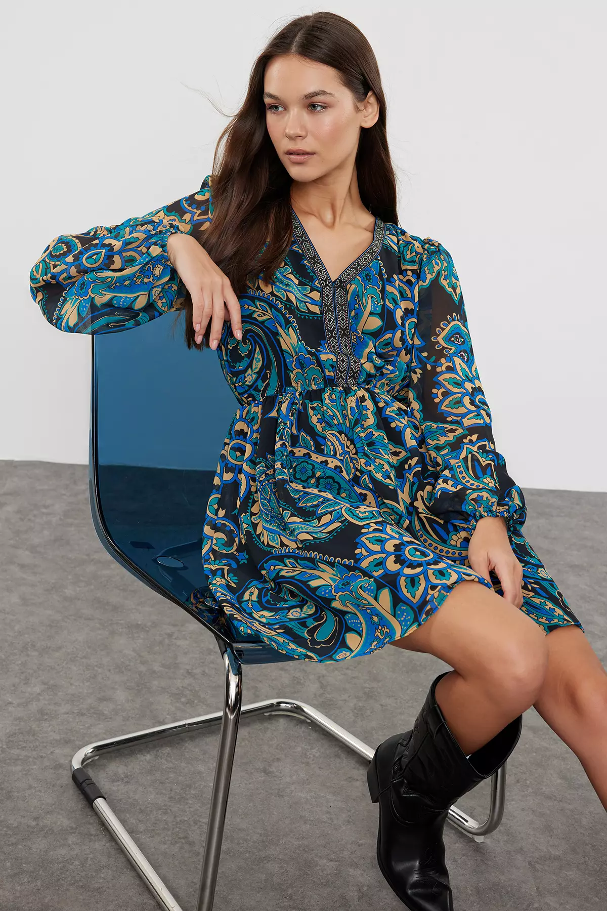 Green Floral Patterned Waist Opening Gipel Lined Mini Woven Dress TWOAW25EL00182