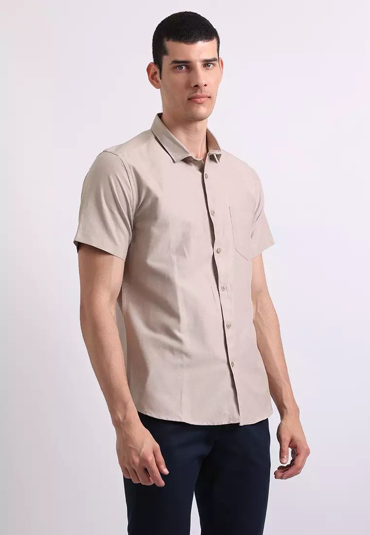 Manzone Kemeja Lengan Pendek Pria Slim Fit Kobe - Beige