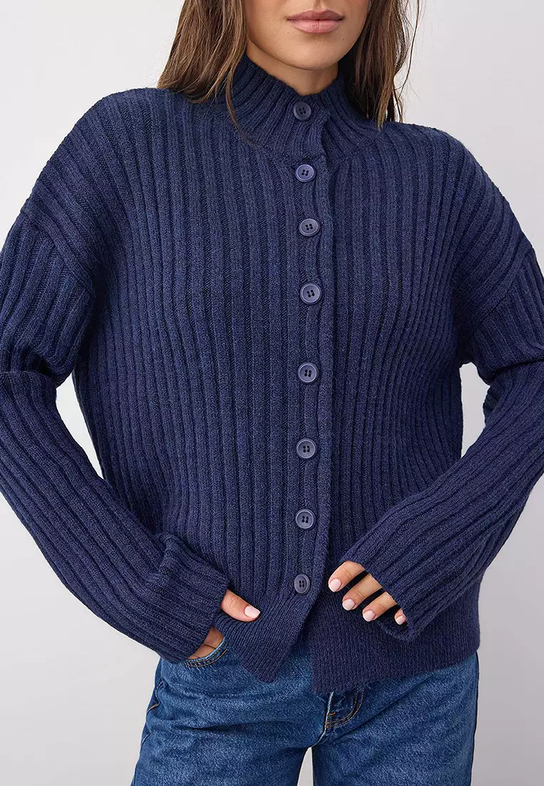 Wardrobe Essentials Navy Blue Wide-Cut Ribbed Soft Textured Knit Cardigan | Twoaw26Hi00091
