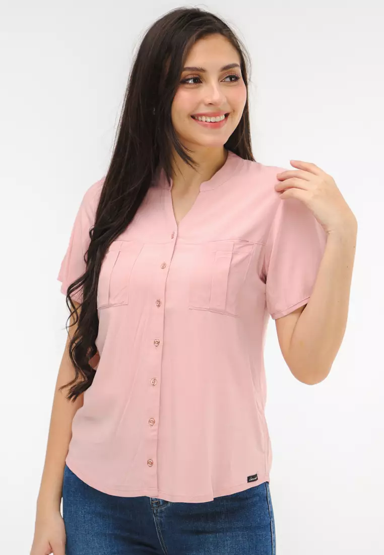 Woven Plain Rayon Short Sleeves Blouse