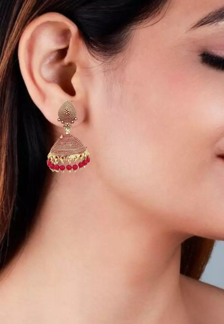 Aksesoris Wanita Dome Jhumka Beads Trinkets Earring Anting Wanita Red