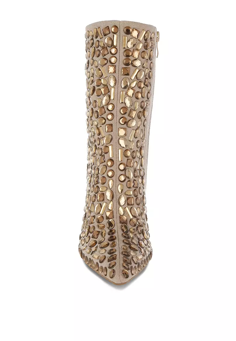 Sepatu Bot Hak Wedge Diamante Slim dalam warna Krem