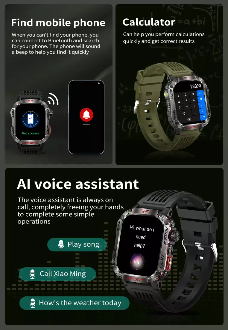 Smart Watch HT29 2.01 HD Large Screen Flashlight Compass function Health Monitoring Jam Pintar green