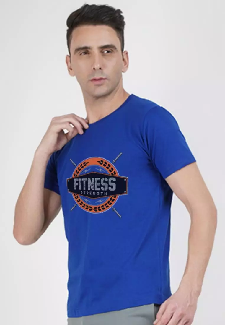 Fitness Strength 图案蓝色棉质短袖锻炼/训练 T 恤