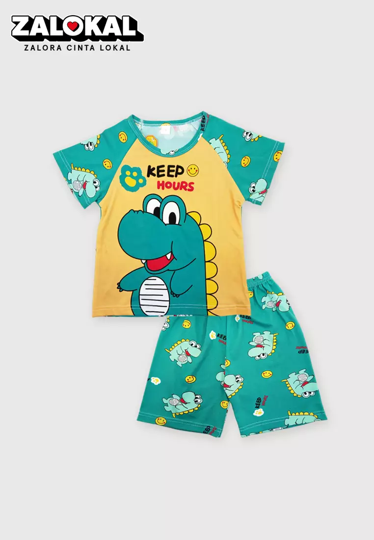 Setelan Anak Baju Lengan Pendek Set Baju Tidur Celana Kaos Motif Karakter Lucu Croco Smile Import Venrz 4338