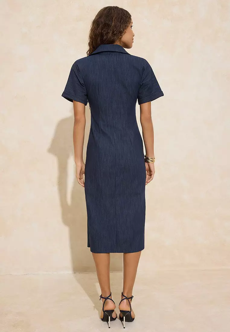 Navy Blue Buttoned Midi Woven Dress Twoss26El84