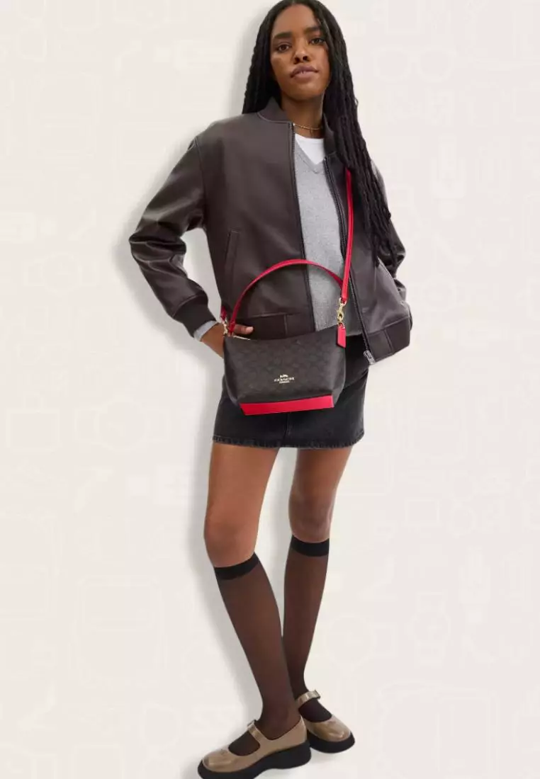 Coach Zip Top Shoulder Bag In Signature Canvas Walnut Bold Red