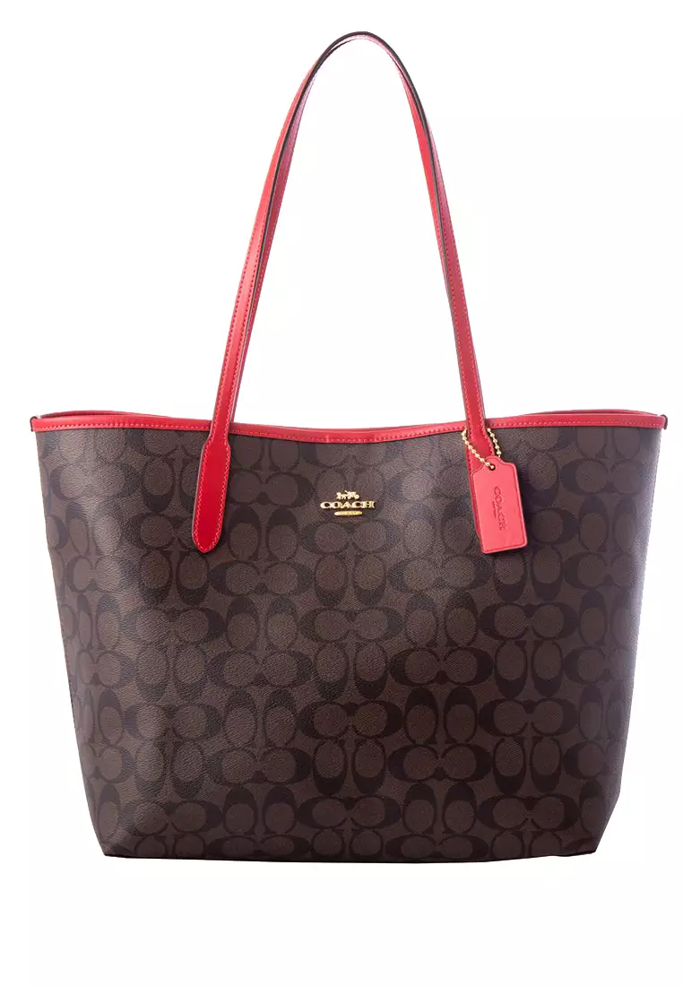 Buy COACH Coach City Tote In Signature Canvas - Dark Brown/Red 2024 ...