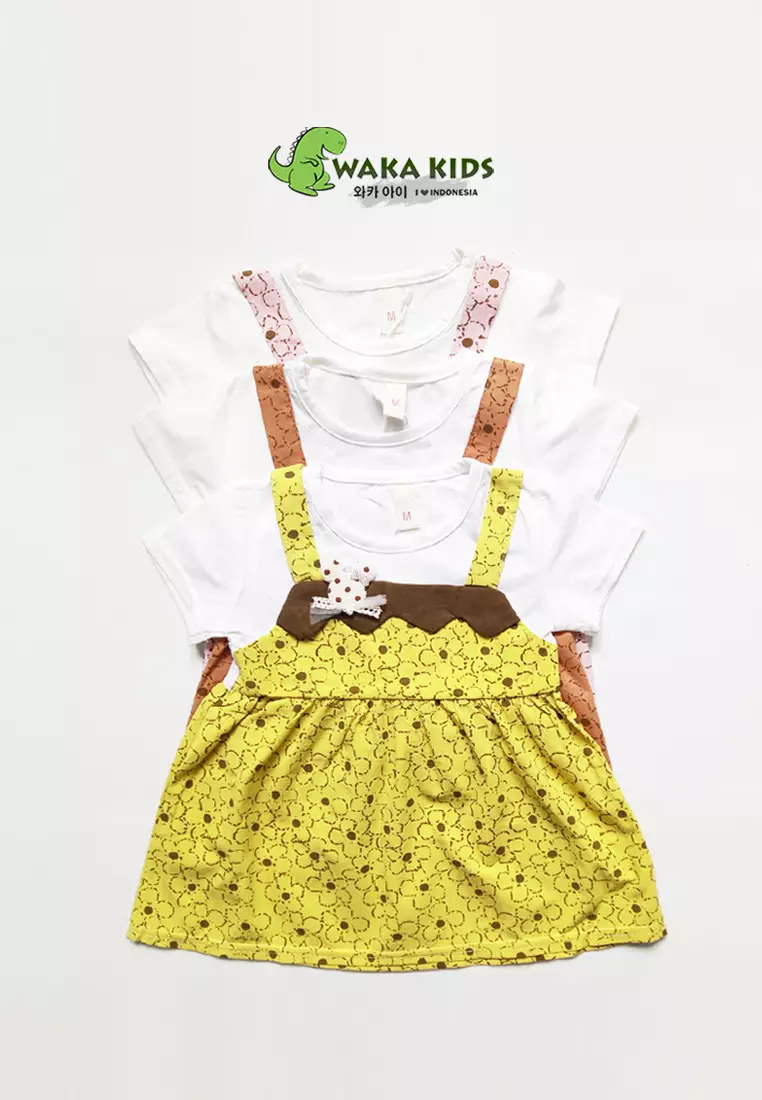 Wakakids Dress Bayi Anak Perempuan Lengan Pendek Katun Flowers Mickey 4485 Venrc Akula Cream