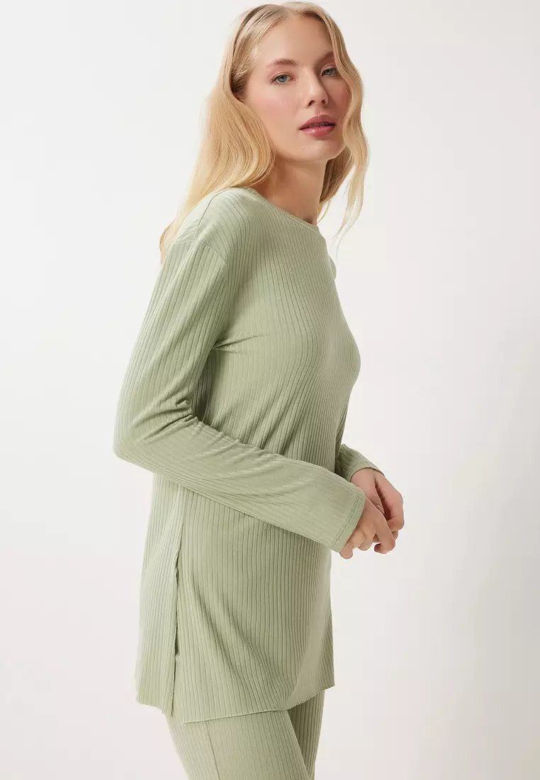 Comfortable Ribbed Knitted Blouse Trousers Set