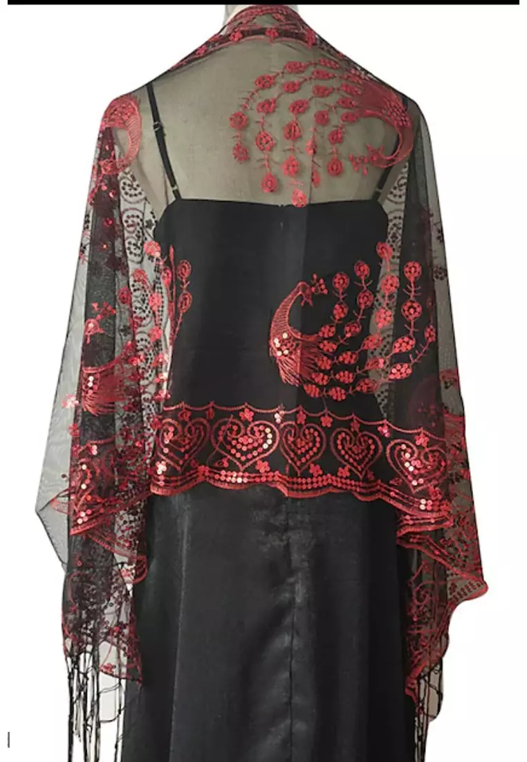 Aksesoris Wanita Peacock Sequin Lace  Fringed Evening Shawl Syal Pesta Wanita Black & Red