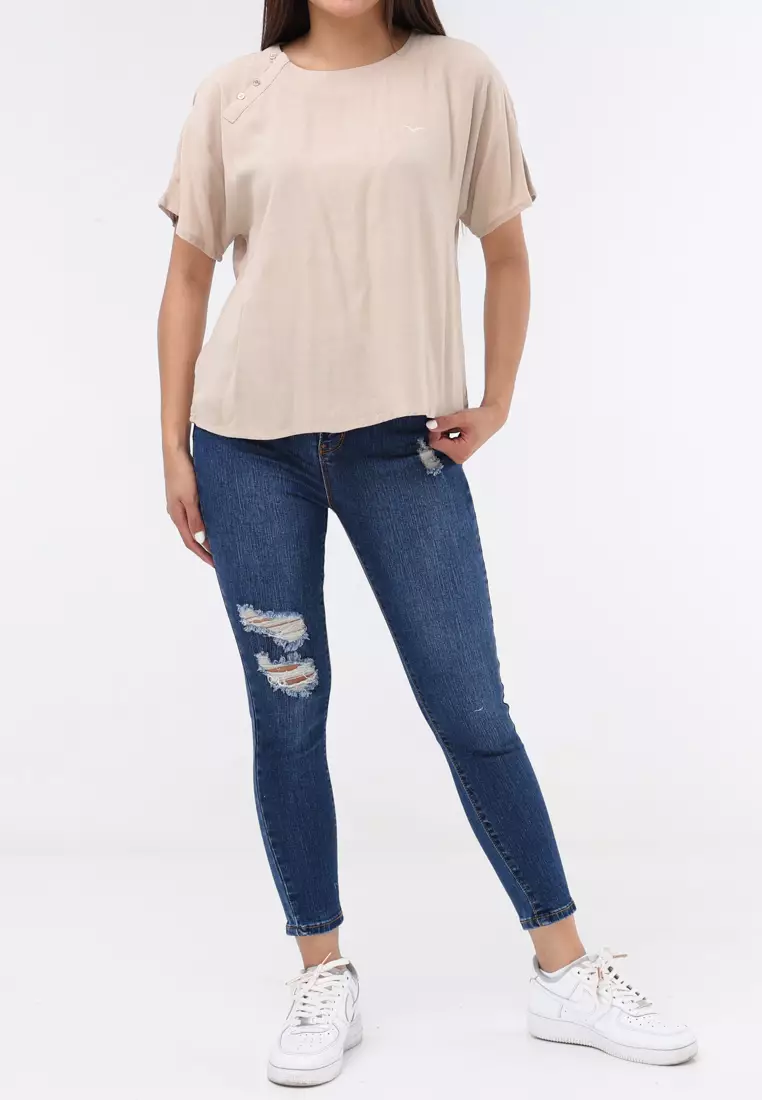 Woven Plain Soft Linen Short Sleeve Blouse