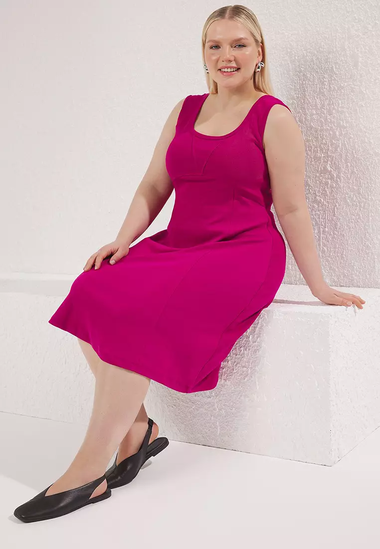 Plum Boat Neck A-Line Camisole Knit Plus Size Dress Tbbss25Ah00196