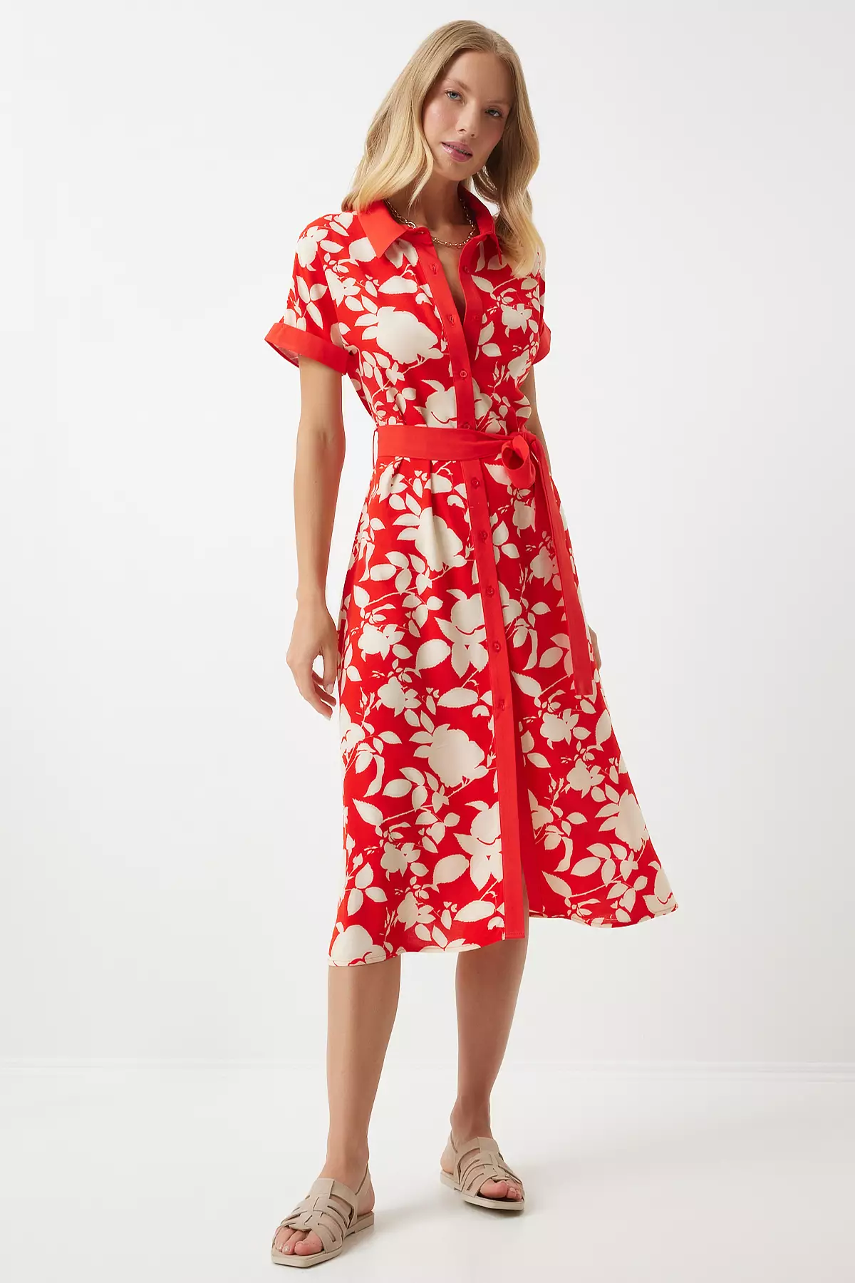 Red Floral Pattern Thin Viscose Summer Dress - Dd01311