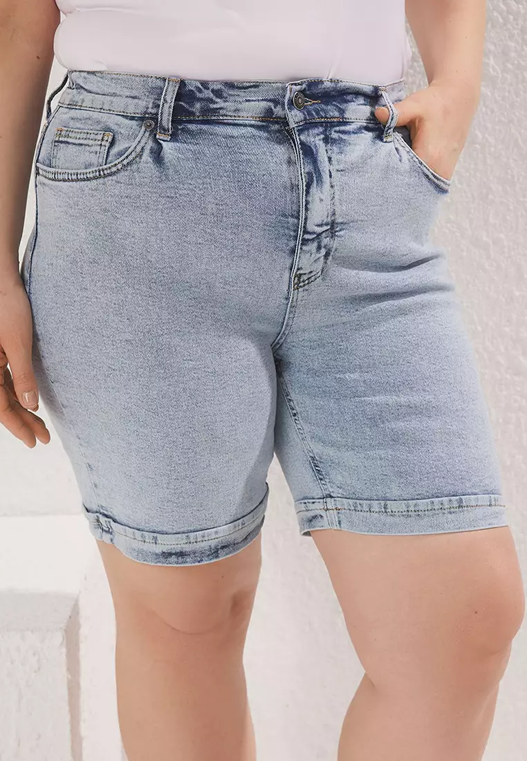 Light Blue High Waist Elastic Denim Plus Size Shorts TBBSS25AP00021