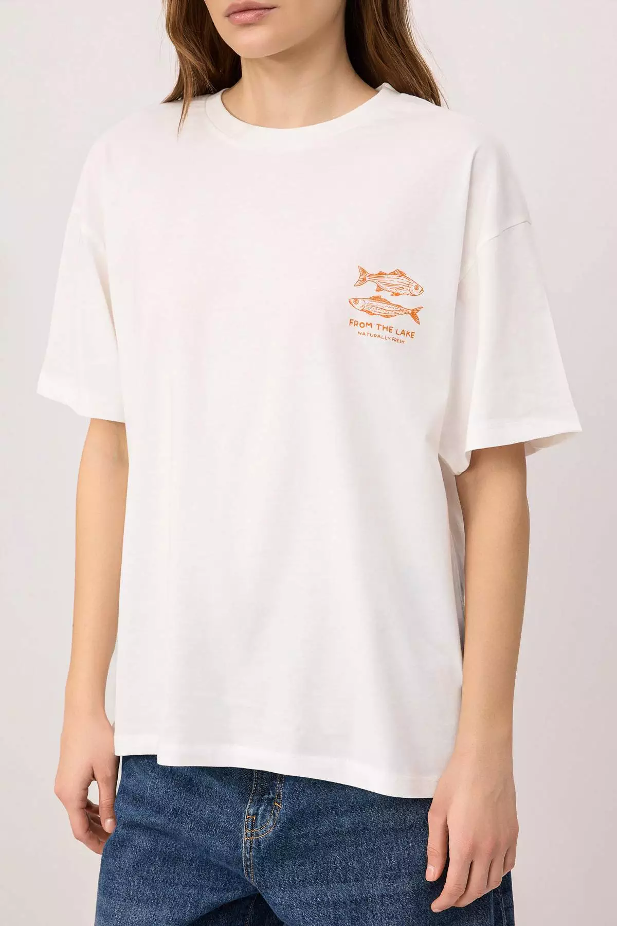 Ecru Printed Oversized Crew Neck Low Sleeve Short Long %1 Cotton Knitted T-Shirt Twoss26Ts211