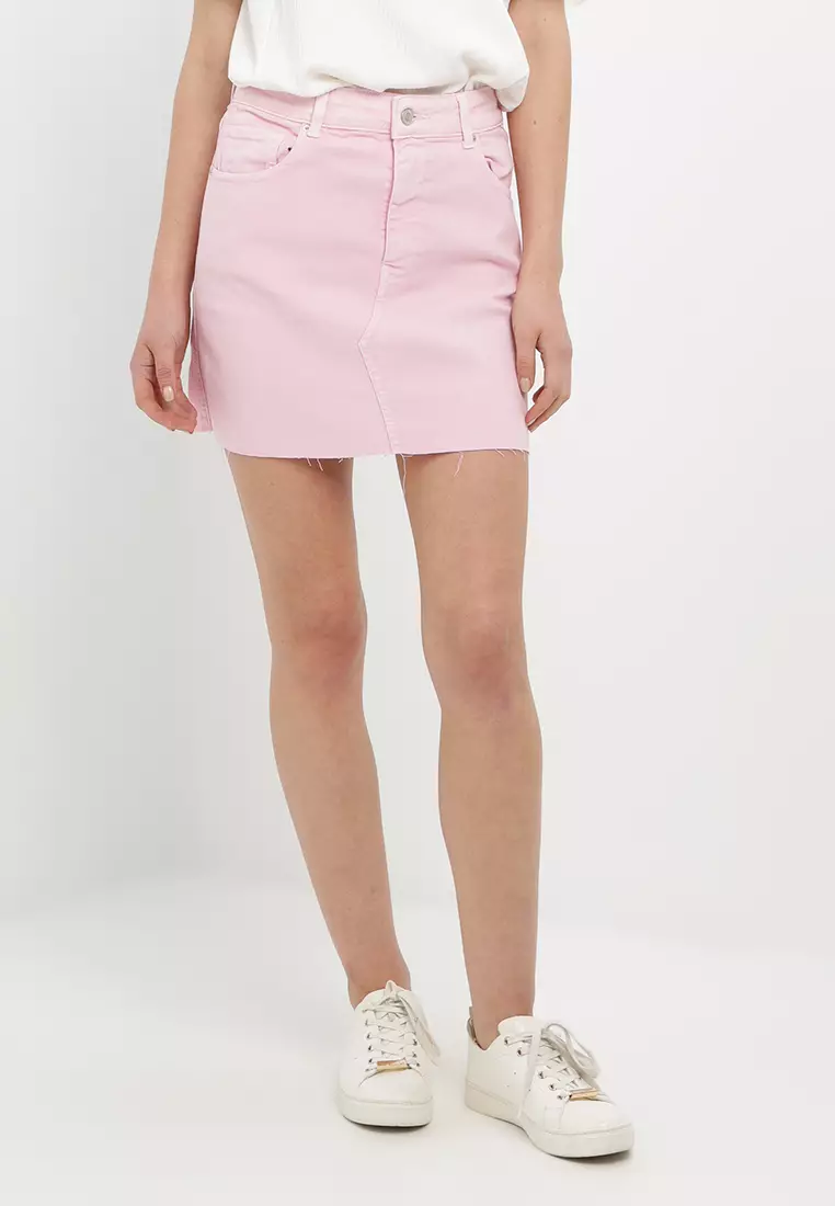 Pale pink top denim mini skirt