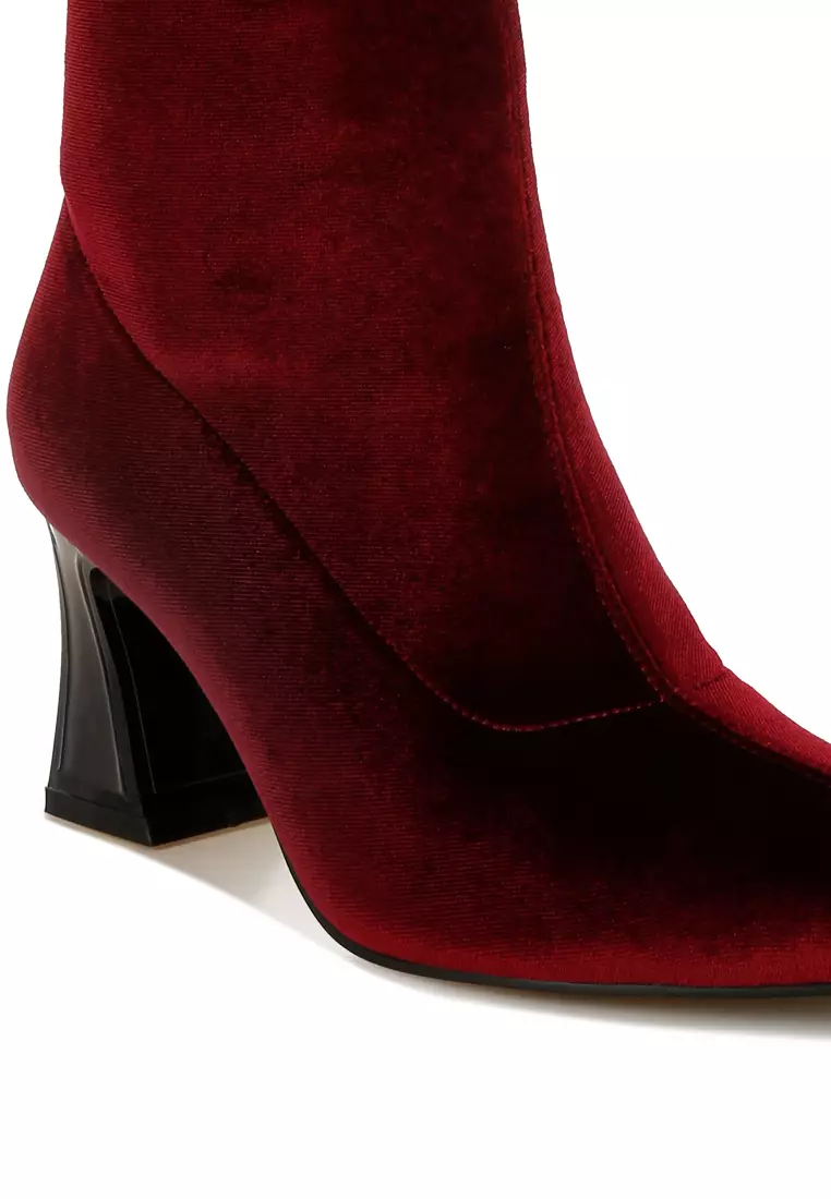 Burgundy Flared Block Heel Velvet Boots